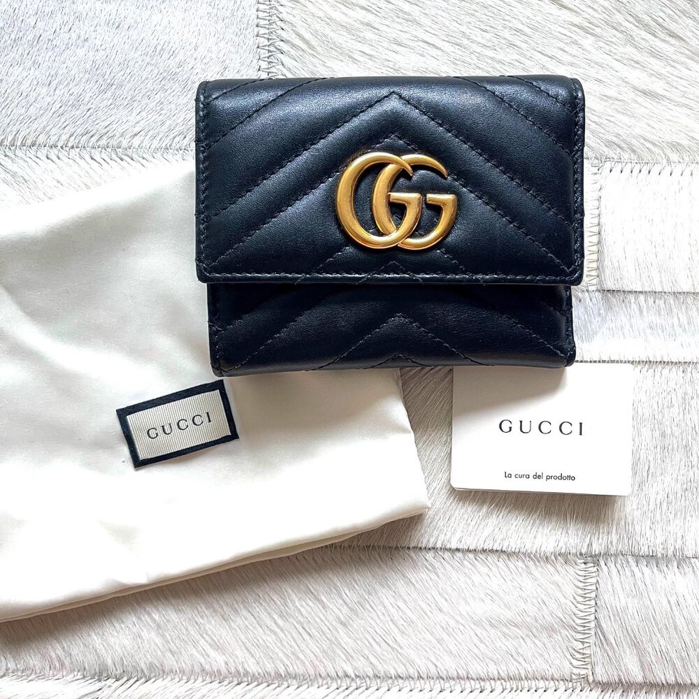 Gucci GG Marmont Matelassé Black Leather Trifold Wallet - Picture 2 of 13